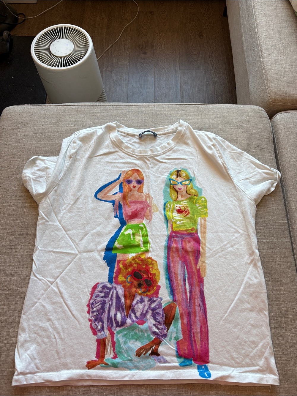 Zara White Tee with Colorful Illustrated Women